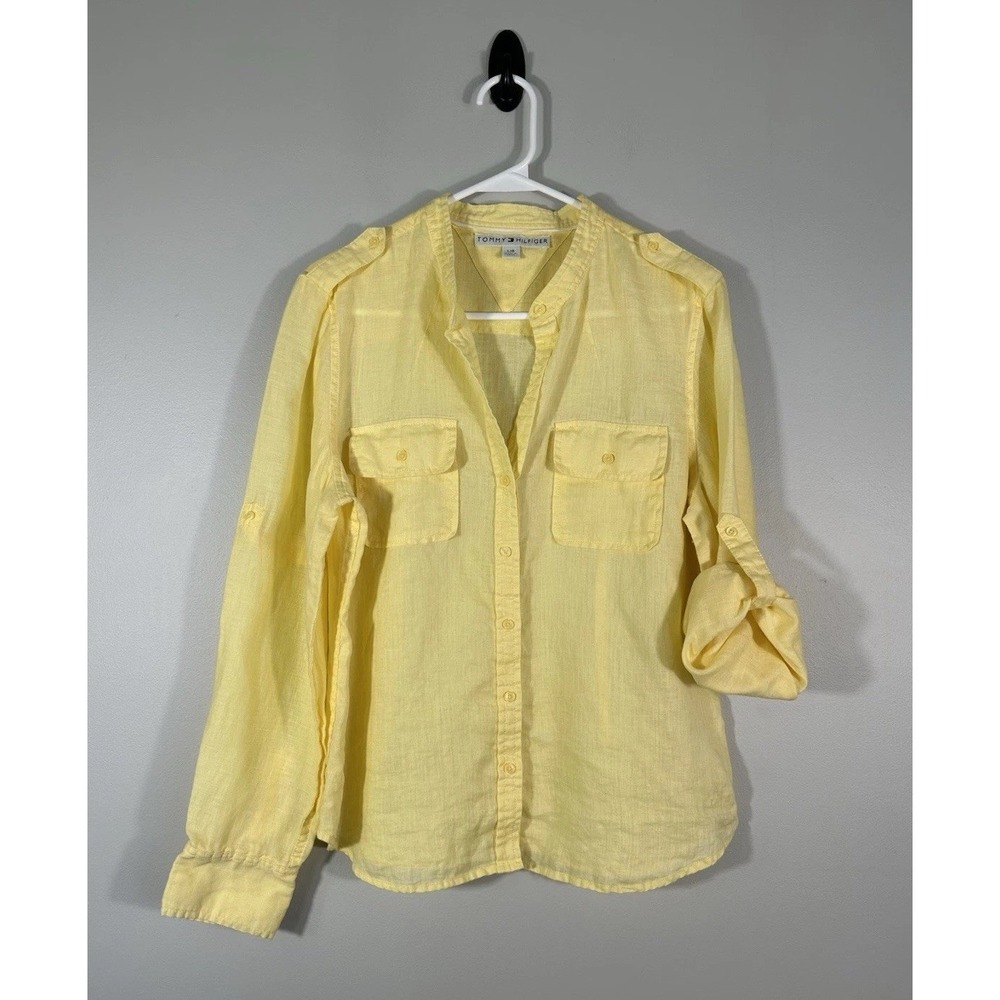 Vtg Y2K Tommy Hilfiger‎ Shirt Womens Large Yellow Linen Roll Tab Coastal Read